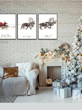 Holiday Reindeer Wall Art Trio - White & Black Frame